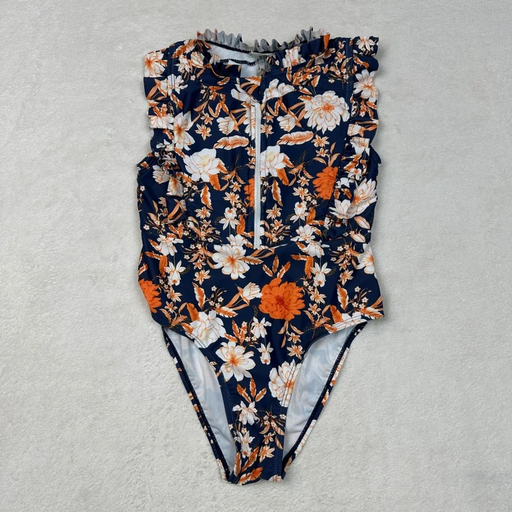 SHEIN Kids Floral One Piece Swimsuit Navy Orange Ruffle Mock Neck Zipper Size 8Y